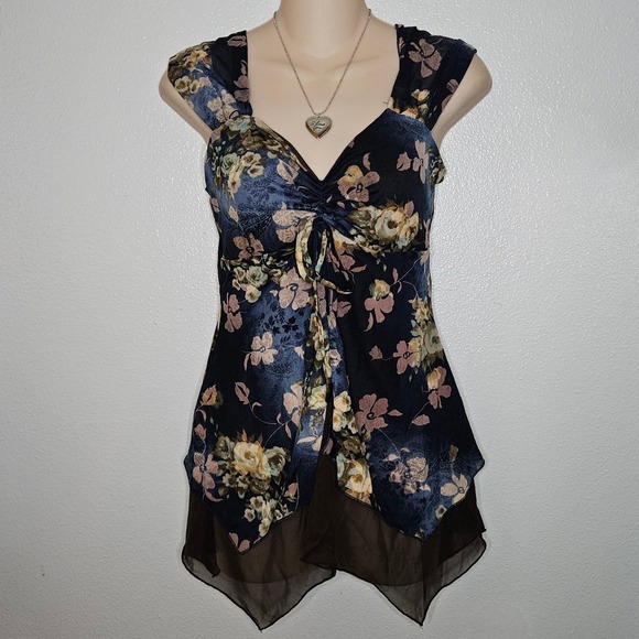 Y2k Floral Tunic Top Tie Front Layered Hem Sleeveless - Picture 1 of 5